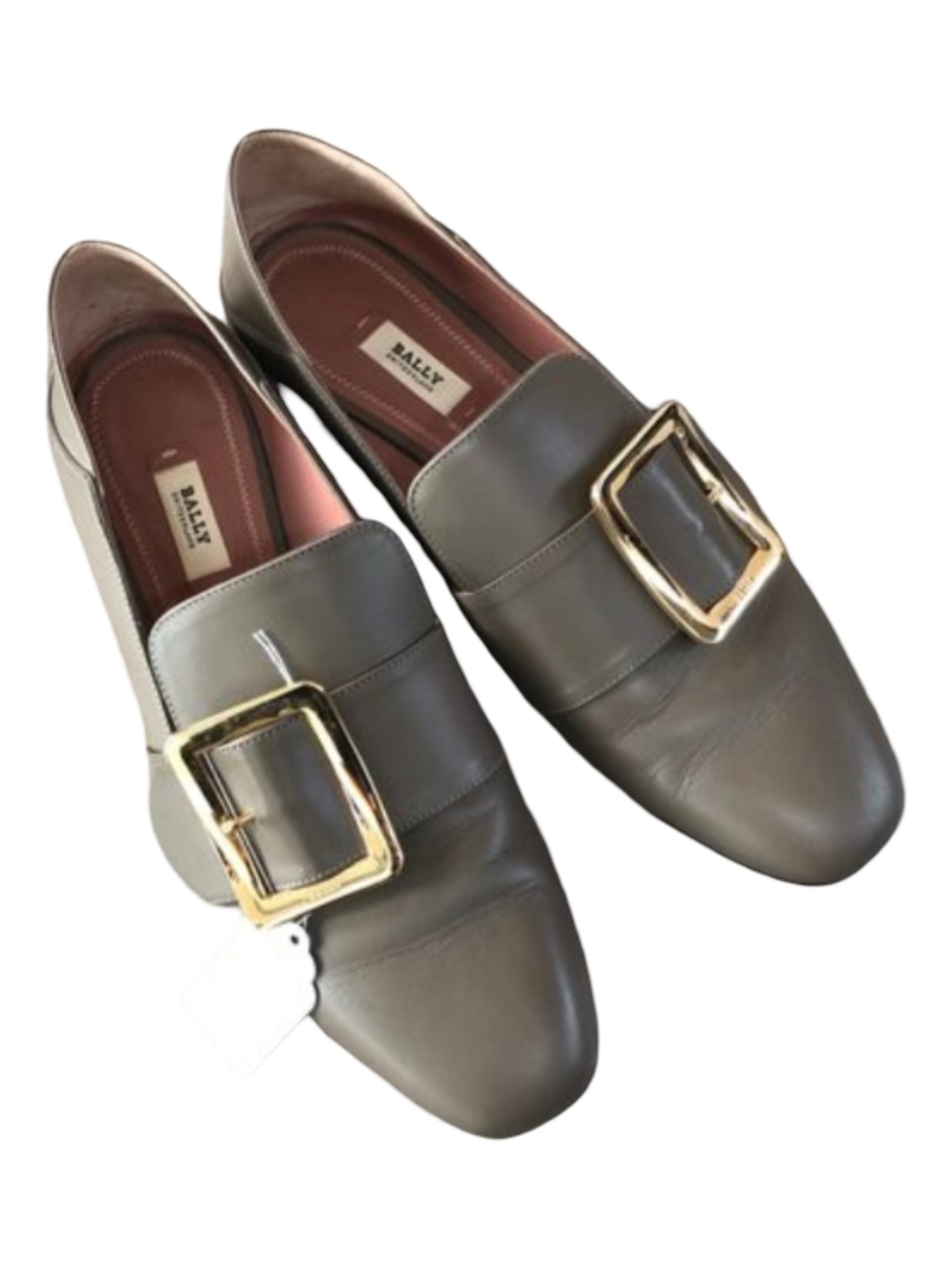 Bally Janelle Taupe Leather Square Buckle Loafers Flats Mules Shoes 38.5